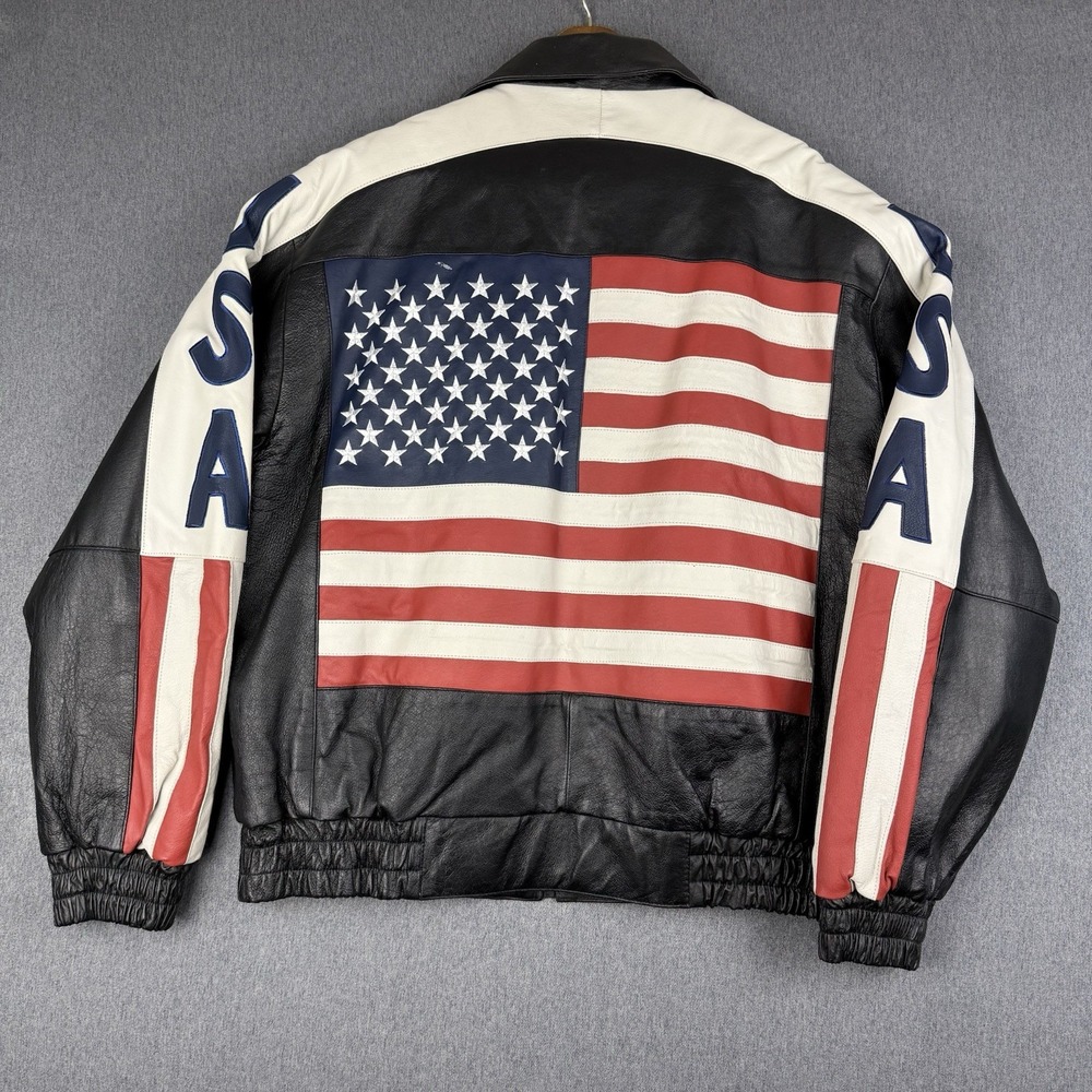 Vintage Wilda Jacket Mens Large USA Flag Leather Bomber Patriotic American VTG